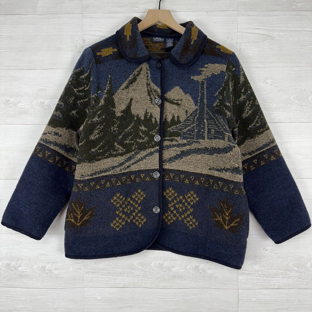 Sonoma Jean Co Womens Jacket M Rustic Cabin Mountain Winter Wool Blend Artsy